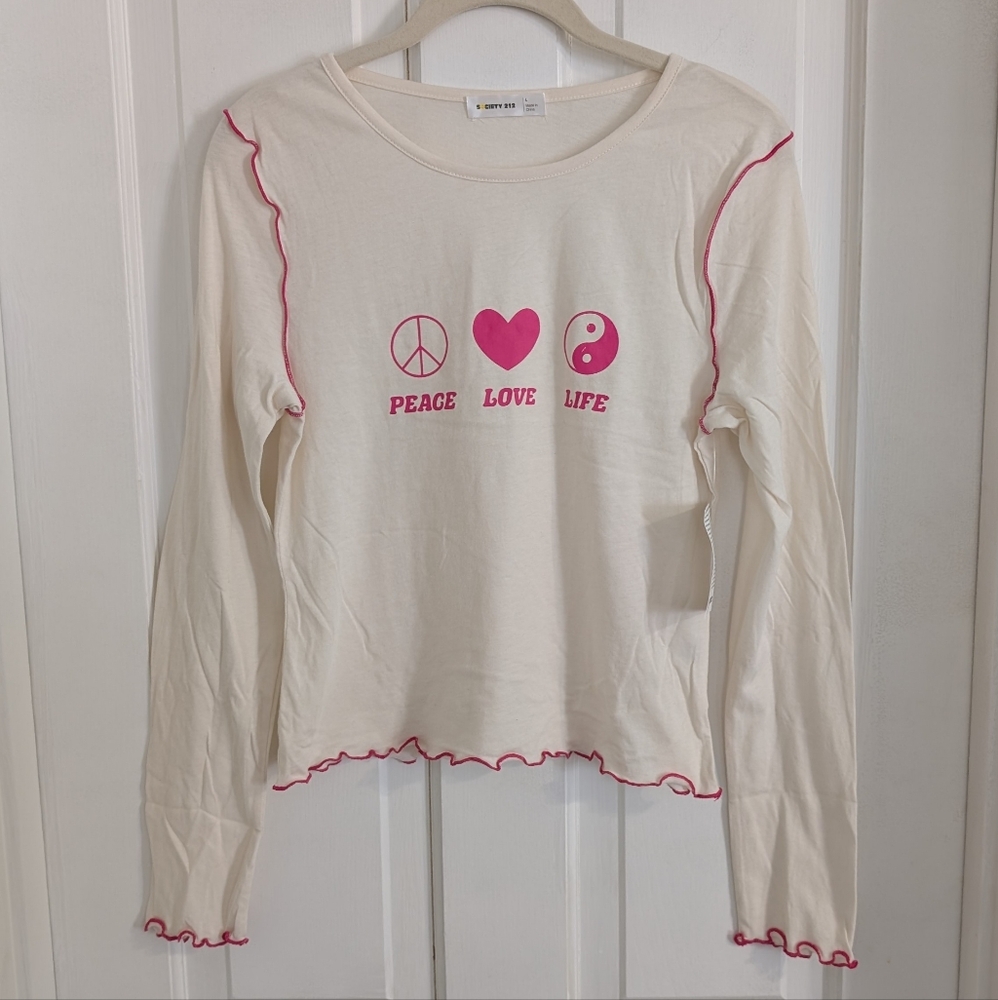 Society 212 Womens Casual Top Large Retro‎ 70s Hippie Groovy Stretch Lettuce Hem